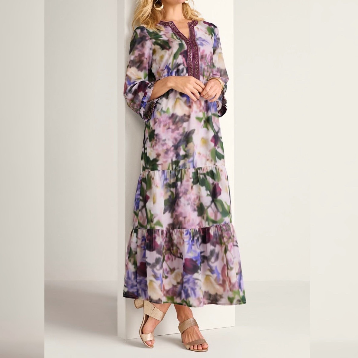 New Soft Surroundings Purple Margots Garden Floral Baroque Maxi Dress Large